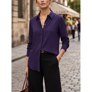Theory Sunaya Urban Crepe Concealed Button Blouse Storm Navy NWT P(XS) S $235